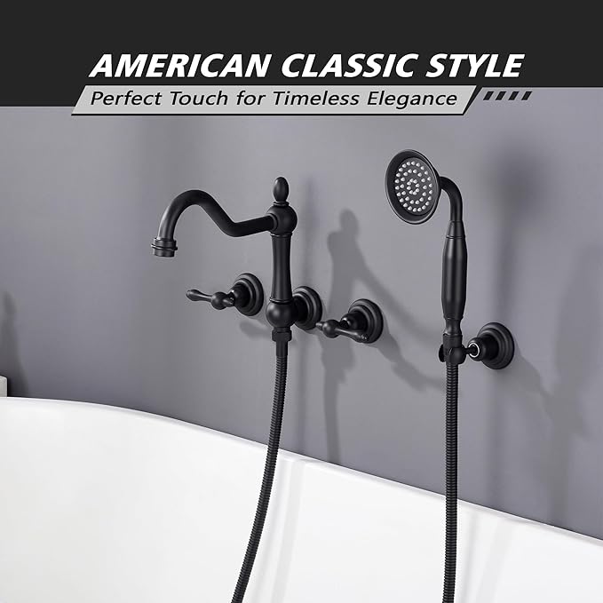 SUMERAIN Matte Black Wall Mounted Bathtub Faucet with Sprayer, Traditional High Flow Tub Faucet Set,Rough-in Valve Included