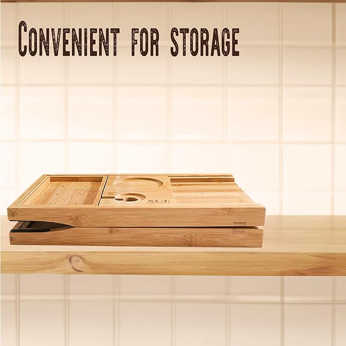 XcE Foldable Bamboo Bathtub Caddy Tray - Expandable to 41 Inches with Non-Slip Pads & Book Stand for Couples Luxury Bath
