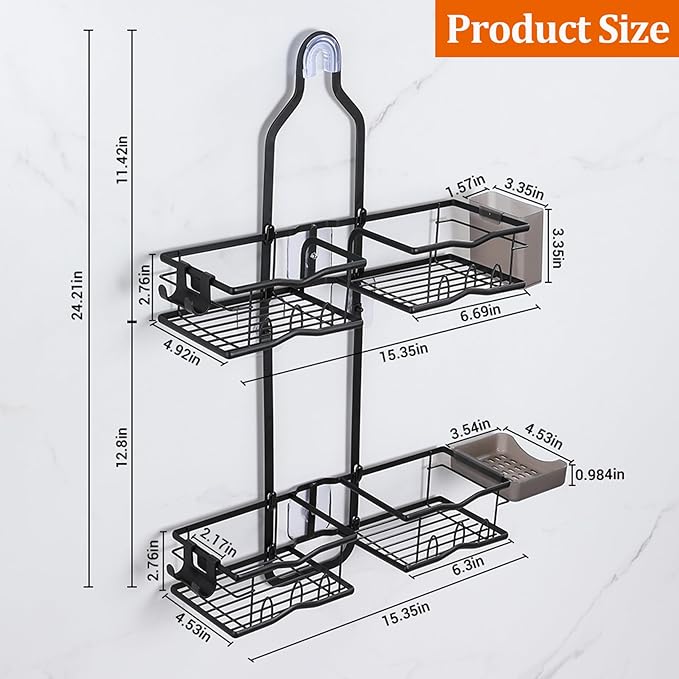 Shower Caddy Hanging Shower Head,Rustproof Hanging Shower Caddy Over Showerhead Bathroom Shower Caddies Shelf Organizer Rack For Sponge,Shampoo,Soap Storage,With Razor-Hooks,Black
