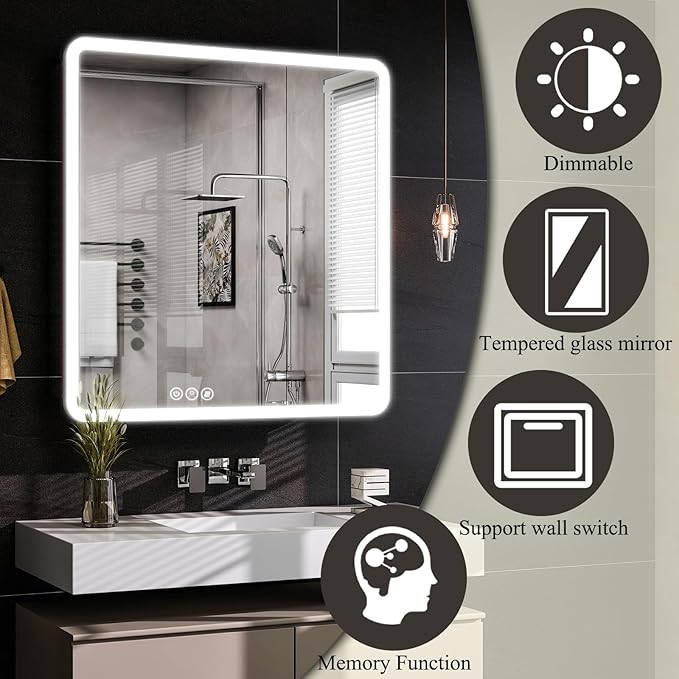 LED Bathroom Medicine Cabinet with Mirror, 36 Inch x 32 Inch Bathroom Mirror Cabinet with Door & Adjustable Shelves, Surface Mount or Recess Installation