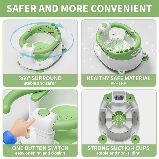 TPN Baby Bath Seat for Babies 6 Months & Up, Non-Slip Toddler Bath Seat with 5 PCS Waterproof Emoji Stickers, Portable Infant Bath Seat for Baby(Green)