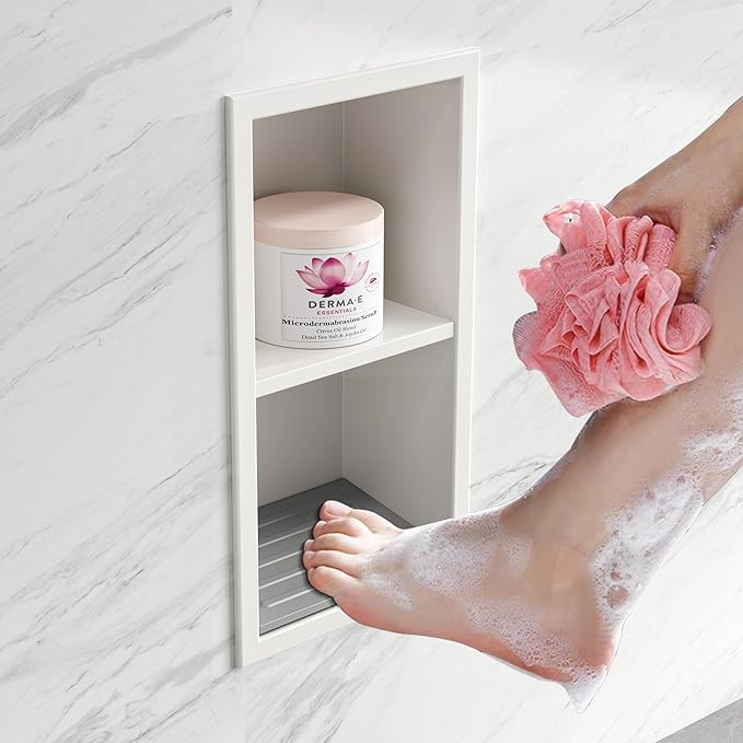 Shower Foot Rest for Shaving Legs, 304 Stainless Steel Footrest Niche with Shaving Holder, Recessed Shower Niche for Shaving Legs, Matte White, 5.9" X 12.3"