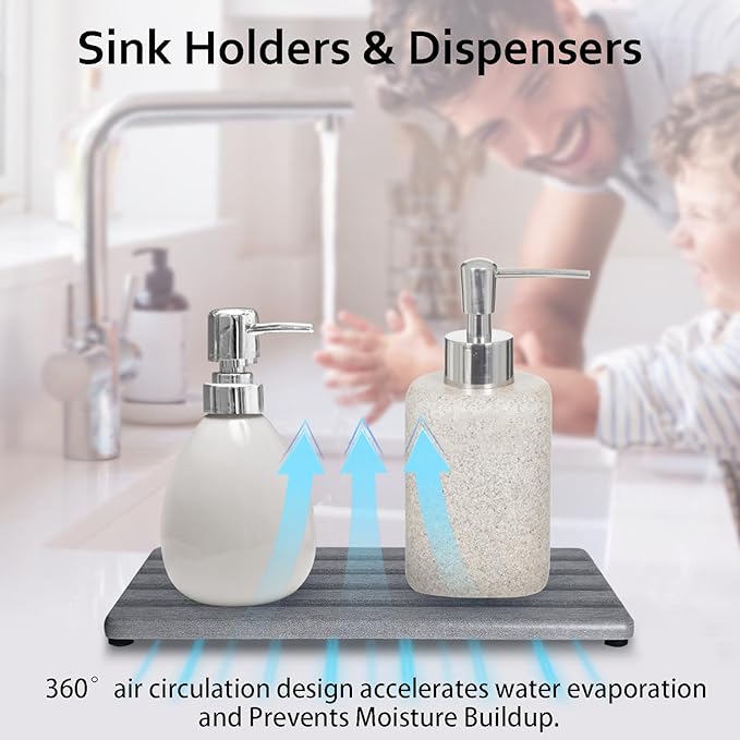 2 PCS Water Absorbing Stone Trays for Bathroom Sink & Kitchen Counter, Fast-Drying Diatomite Sink Caddy, Vanity Tray, Hand Soap Holder with Anti-Skid Pads (Grey, 7.9" x 4"/20 x 10cm)