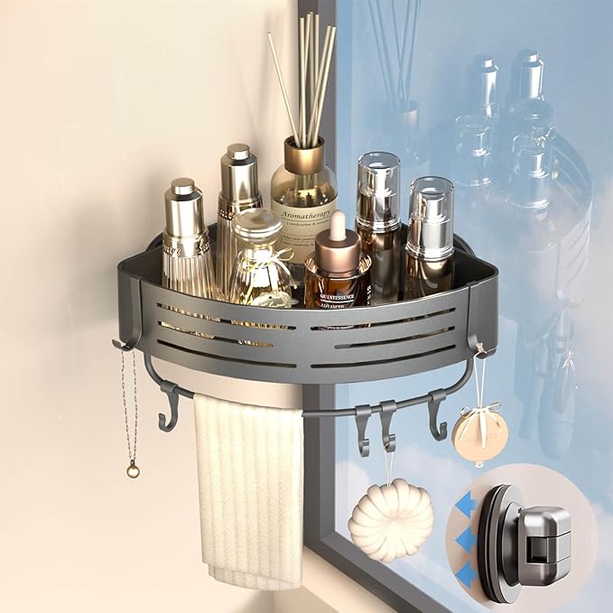 Onemake Corner Shower Caddy Suction Cup, Aluminum Wall Mounted Organizer Shelves Storage Rack with Towel Bar for Small Bathroom Grey