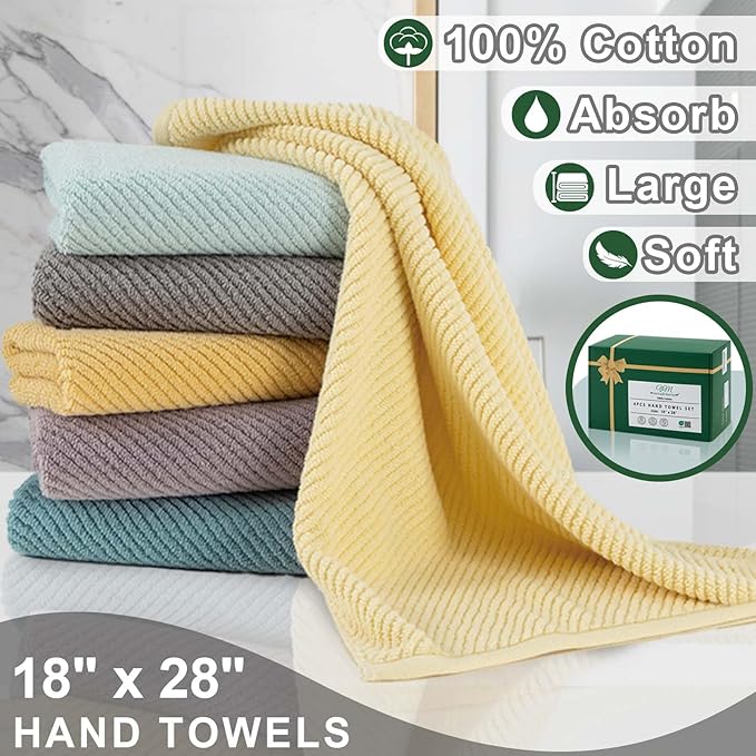Green Hand Towels for Bathroom (4PC, Large 18"x28") - 100% Cotton | Quick Dry | Light Weight | Thick | Soft | Absorbency, Hand Towels for Showering, Bathroom Essentials Set, Hunter Green