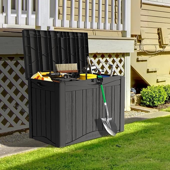 TARKARI 45 Gallon Lockable Resin Deck Box, Waterproof & UV-Resistant Outdoor Storage Box for Outdoor Cushion Storage, Garden Tools & Pool Accessories Storage, Black