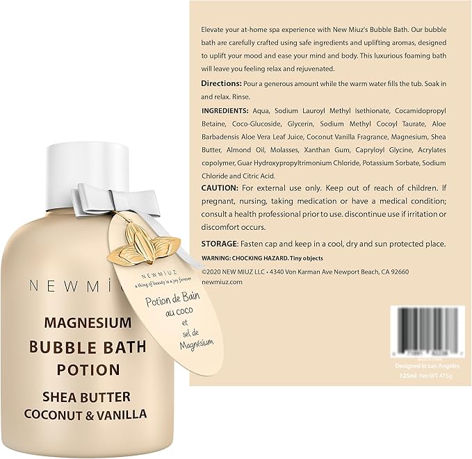 Magnesium Bubble Bath - Long Lasting Foaming Bubbles - Moisturizing - Shea Butter Coconut Vanilla - Relaxing Stress Relief - Calming Self Care Spa Gift for Birthday Christmas