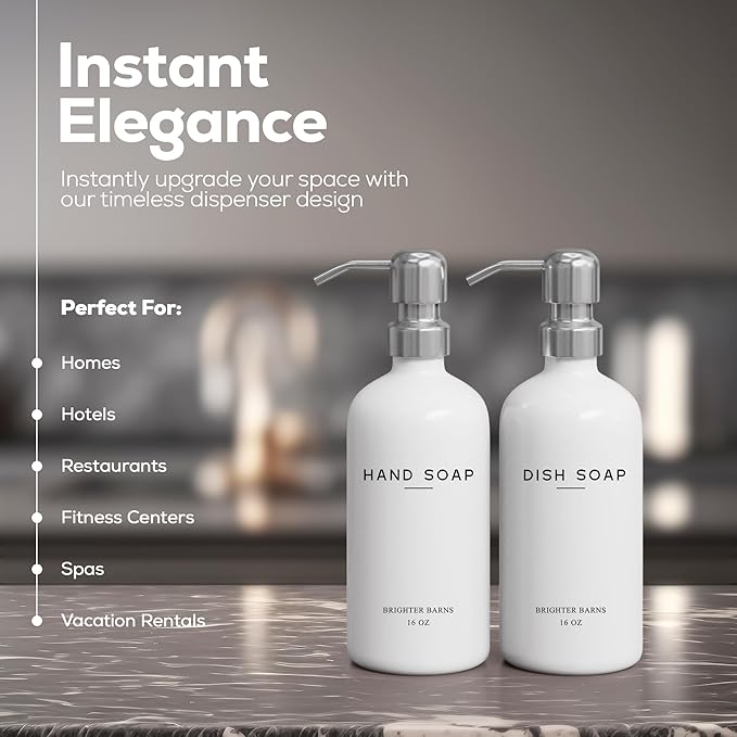 White Glass Hand and Dish Soap Dispenser Set by Brighter Barns - Modern Kitchen Soap Dispenser Set & Pump for Sink - Farmhouse Home Decor, Minimalist Kitchen Accessories (White)