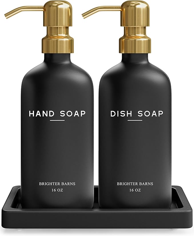 Luxury Glass Hand and Dish Soap Dispenser Set by Brighter Barns - Black and Gold Soap Dispenser Set for Kitchen Sink - Modern Kitchen Decor and Accessories for Restaurant, Airbnb, Gift (Black/Gold)