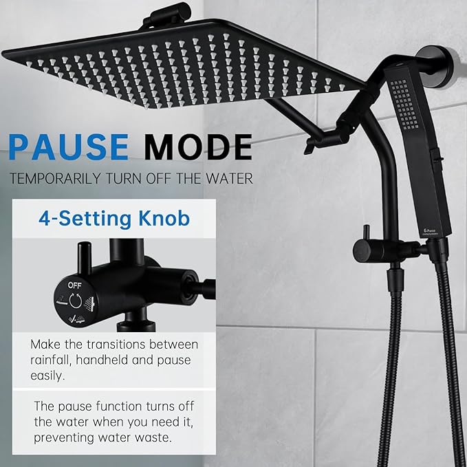 G-Promise All Metal 14 Inches Rain Shower Head with Handheld Built-in Power Wash Mode, 3-way Shower Diverter with Pause Setting, 11 Inches Adjustable Extension Arm, Long Hose (Matte Black, 14 Inches)