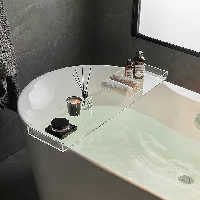 Clear Bathtub Tray AcrylicTub Rack - Bath Tub Shelf for Bathroom to Hold Book, Phone, Candle, Wine & Tablet - Waterproof Caddy Bathroom Accessories, Beelee BA0033