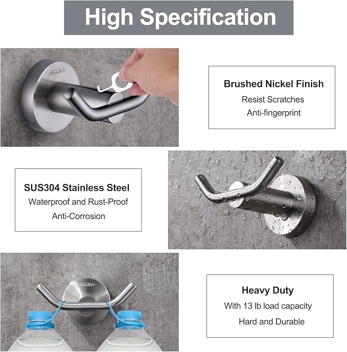 ARCORA Towel Hook 1 Pack, Robe Hooks Brushed Nickel, Heavy Duty Wall Hooks SUS 304 Stainless Steel, Coat Hooks for Bathroom Bedroom