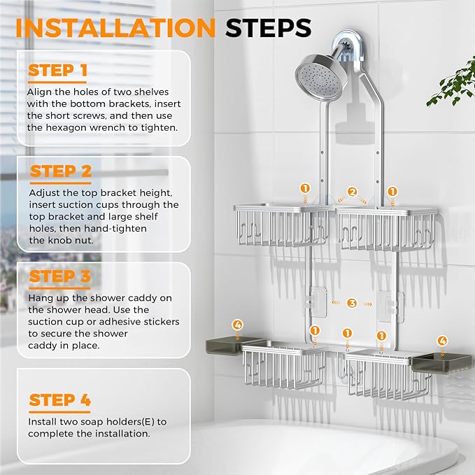REINHARDT Aluminum Shower Caddy Hanging Adjustable Shower Caddy, Rustproof Hanging Shower Organizer with Hooks Soap Holders, Over Shower Head Caddy for Handheld Showerhead, Silver