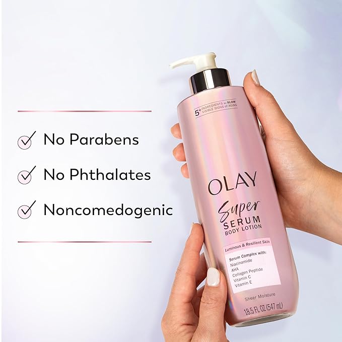 Olay Super Serum Hand & Body Lotion for Dry Skin, 24hr Long Lasting Hydration, 5+ Ingredient Serum Complex for Bright Even Firm Luminous Skin, Sweet Vanilla & Soft Wood Scent, 18.5 fl oz