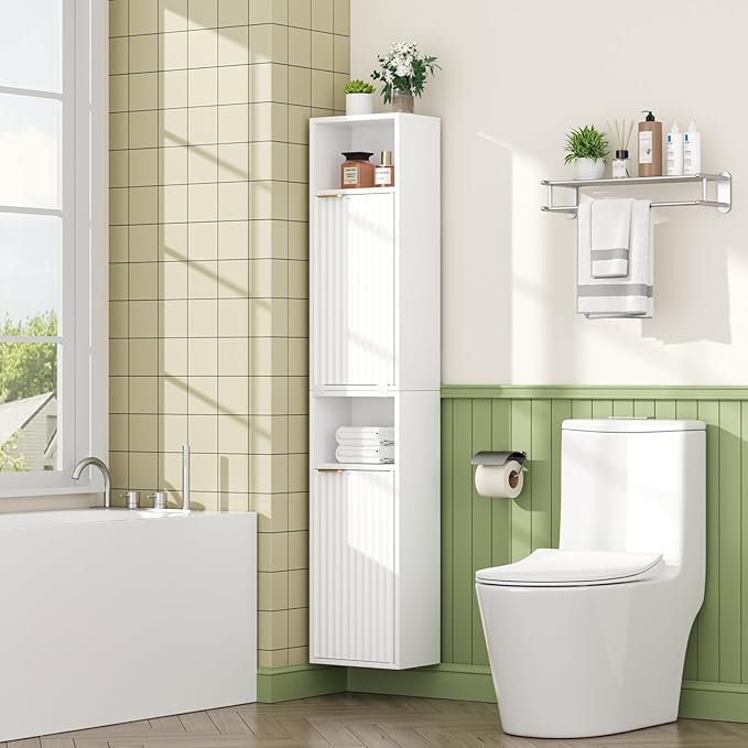 59.1" Tall Slim Bathroom Storage Cabinet White | Freestanding or Wall Mounted Modular Cabinet, Fluted Panel Linen Tower with Adjustable Shelves for Small Spaces