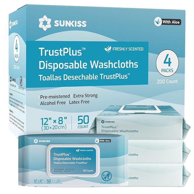 SUNKISS Trustplus Wet Wipes for Adult No Rinse, Extra Large 8”x12” Body Cleaning Washcloths for Elderly Incontinence & Cleansing, Fresh Scented, 200 Count (4 Packs of 50)