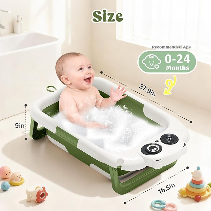 Collapsible Baby Bathtub for Newborn to Toddler, Portable Baby Bath Tub with Floating Cushion and Thermometer, Infant Bathtub for 0-24 Months(Green)