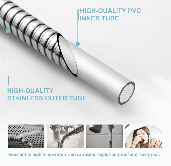 OFFO Shower Hose, Kink Free Stainless Steel Shower Hose Attachment Electroplating Handheld Shower Head Hose Flex Hoses Extension with Brass Insert & Nut for Pet Bathing Cleaning 60 in, Chrome