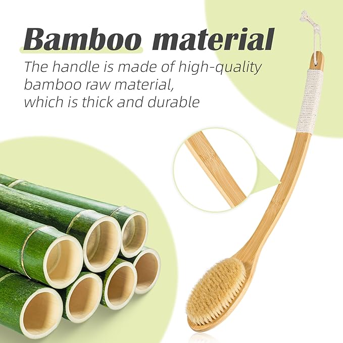 Bath Body Brush Shower, 22" Super Long Curved Bamboo Handle Antiskid Back Body Scrubber Wet/Dry Brushing, Moderately Soft Natural Bristle Body Brush for Showering