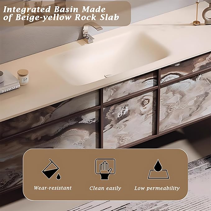 72IN Modern Bathroom Vanity with Sink - Bathroom Vanity with 2 Drawer Organizer, LED Mirror Lights & Defogging Function | Wall - Mounted Vanity with Silver Sink Faucet