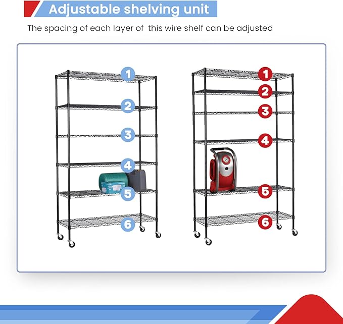 6 Tier Adjustable Metal Shelf Wire Shelving Unit Storage with Wheels 2100LBS Capacity 18" D x 48" W x 82" H for Restaurant Garage Pantry Kitchen Garage Rack,Black