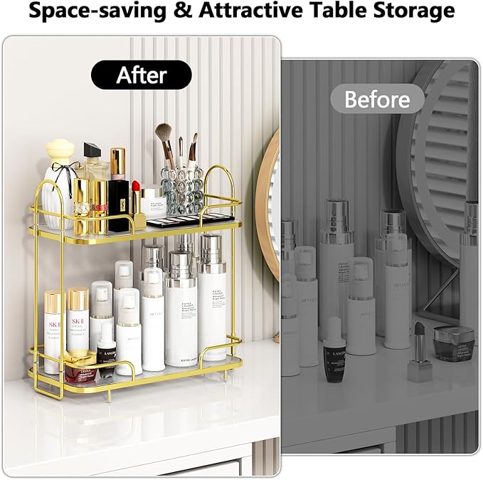 FOLLOWIN 2 Tier Countertop Organizer,Countertop Storage Perfume Tray,Vanity Counter Shelf,Bathroom Organizers and Storage Vanity,2-Tier Coffee Tray,Shine Gold
