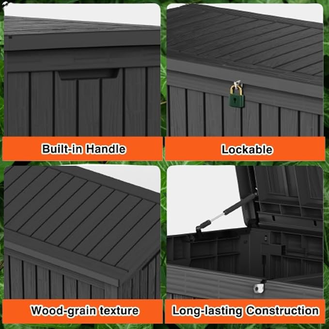 TARKARI 180 Gallon Lockable Resin Deck Box, Waterproof & UV-Resistant Outdoor Storage Box for Outdoor Cushion Storage, Garden Tools & Pool Accessories Storage, Black