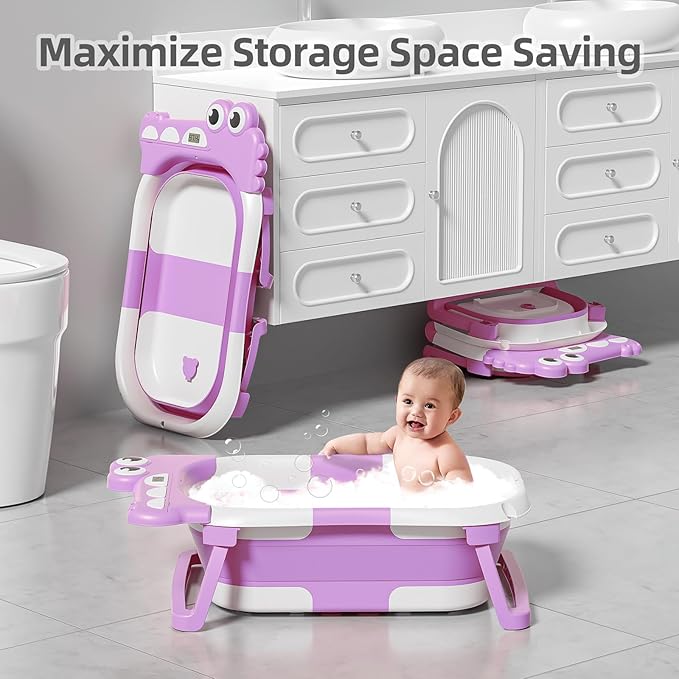 TPN Collapsible Baby Bathtub, Baby Bath Tub with Soft Cushion & Real-Time Thermometer, Baby Bathtub Infant to Toddler Tub (0-36 Months), Portable Travel Baby Tubs for Newborns (Lavender)