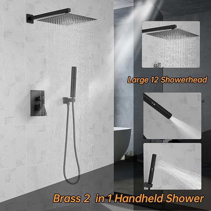 Hoimpro 12 Inch Shower Head System Set Bathroom Rain Mixer Shower Head 2 In 1 Handheld Sprayer Wall Mounted, Square Rainfall Shower Faucet Fixture Combo Valve Kits Brass Showerhead, Matte Black