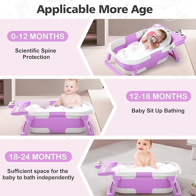Collapsible Baby Bathtub for Newborn, Foldable Baby Bath Tub with Thermometer & Soft Floating Cushion & Drain Hole, Portable Travel Infant Bath Tubs for Newborns to Toddlers 0-36 Months Girls