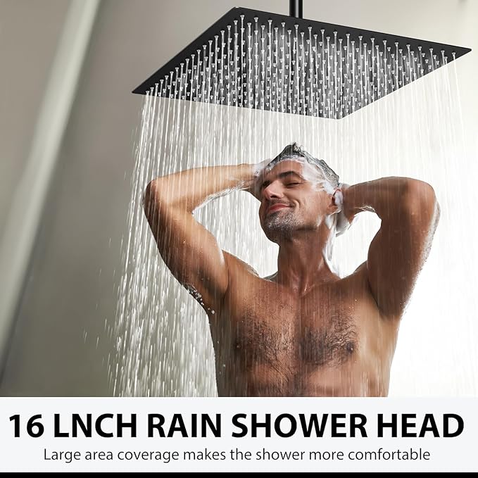 Rain Shower Head, 16 Inches Large Rainfall Shower Head, 304 Stainless Steel Made, Ceiling or Wall Mount, Waterfall Full Body Coverage, Ultra Thin, Matte Black