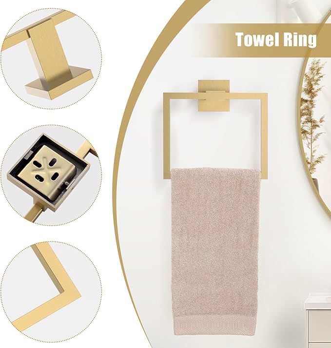 TQKAG Brushed Gold Bathroom Hardware Accessories Set 5 Pieces, Double Post Pivoting Toilet Paper Holder Set Stainless Steel Square Bathroom Towel Bar Holder Set Wall Mounted