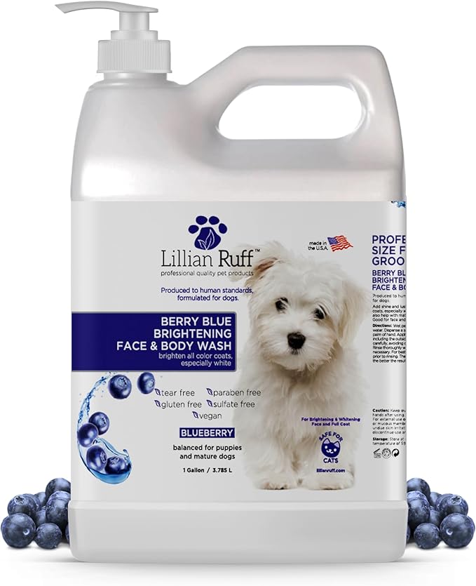 Lillian Ruff PRO Formula Berry Blue Brightening Pet Shampoo - Ultra-Hydrating Professional Whitening Dog Shampoo, Vivid Show-Quality Coat Enhancer, Tear Stain & Odor Eliminator, Vitamin B5, 128oz+Pump
