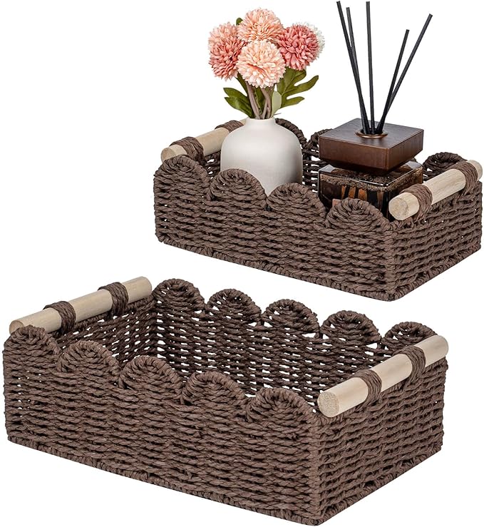 CubesLand Paper Rope Scalloped Edge Shelves Baskets Set 2, Idea for Over Toilet Storage Shelf, End Table, Nightstand, Toilet Tank Basket with 2 Wood Handle, Stylist&Useful Both Storage&Decor, Brown