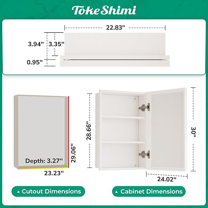TokeShimi 24x30 Recessed Medicine Cabinet with Mirror Wall Mounted, Metal Beveled Mirror with Storage for Bathroom Vanity, Aluminum White Medicine Cabinet Mirrored