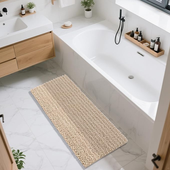 Yimobra Bathroom Runner Rug 55x24 Inch - Extra Long Non Slip Chenille Bath Mat, Soft & Absorbent, Machine Washable Shaggy Hallway Carpet for Vanity Tub Shower, Light Brown Home Decor Accessories
