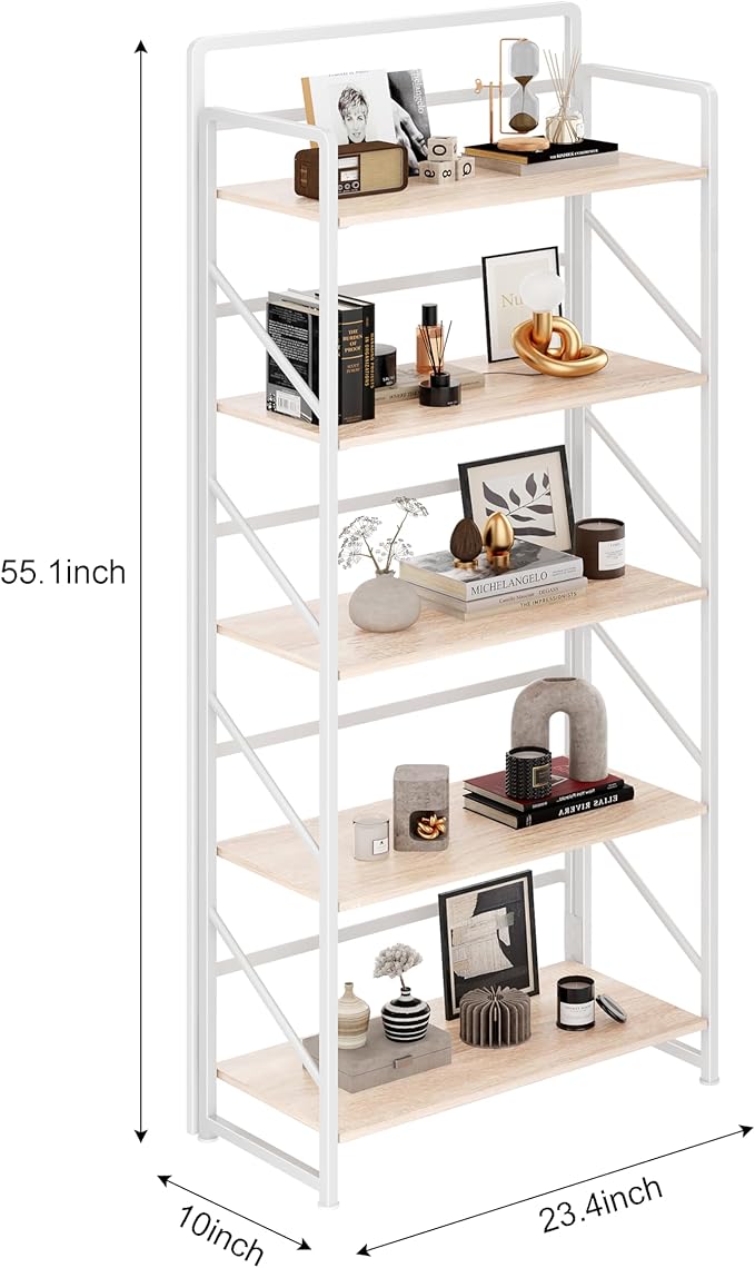 JSB Folding Bookshelf,Industrial Storage Shelves, No Assembly Vintage Wood Look Bookshelf with Storage Shelves for Living Room, Bedroom, Office (White, 5-Tier)