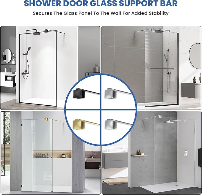 Shower Door Glass Support Bar, 26.96" to 48.54" Adjustable Stainless Steel Wall-to-Glass Shower Stabilizer Rod for 1/4", 5/16", 3/8", Matte Black