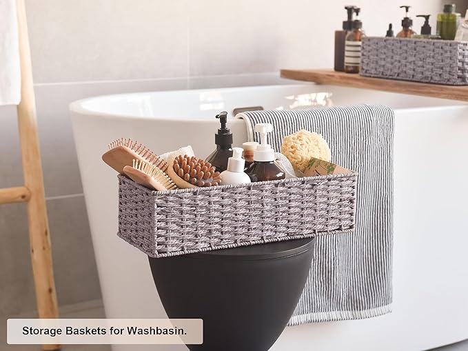 StorageWorks Round Paper Rope Toilet Tank Topper Basket, Wicker Basket for Bathroom, Gray, 2-Pack
