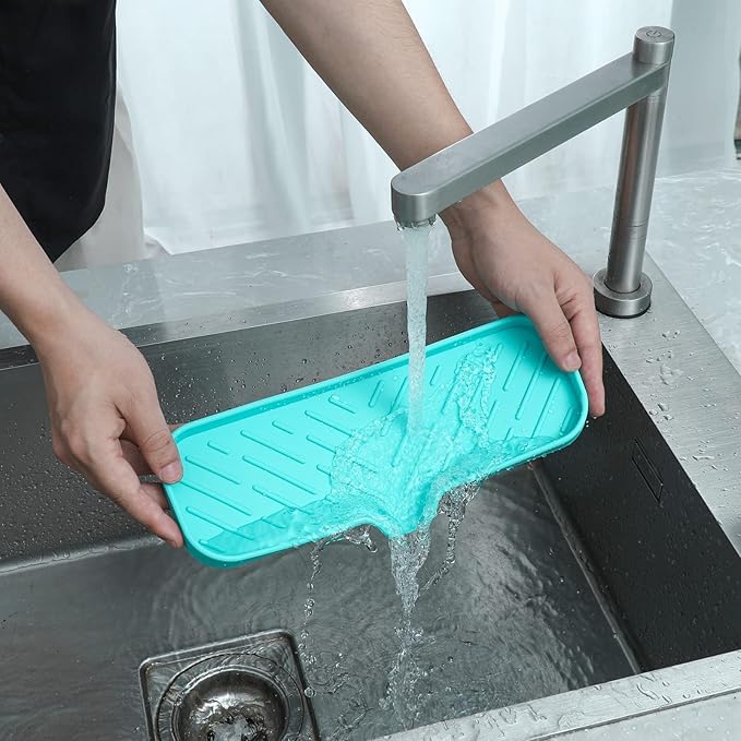 Silicone Bathroom Soap Dishes with Drain Spout-Bathroom and Kitchen Sink Organizer,Sponge Holder,Dish Soap Tray,Perfect for Dispenser,Scrubber,Bottle,Cup on Sink or Counter-Mint 12"×4"