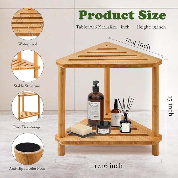 Bamboo Corner Shower Stool,2-Tier Waterproof Shower Stool for Inside Shower Shaving Leg,Small Spaces,Shower Foot Rest with Storage Shelf,Shower Bench,Bath Seat,Corner Nightstand gift for women mom