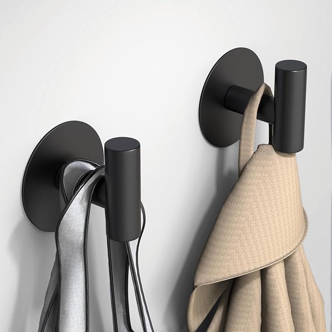 Self-Adhesive Coat Hooks, Stainless Steel Heavy Duty Wall Hooks, Towel Hooks for Hanging Robes, Aprons, Coats and Hats in Bathrooms,Kitchens and Hotels(2 Pack, Black)