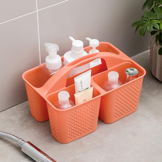 UUJOLY Plastic Portable Shower Caddy Bucket, Cleaning Shower Basket with Handle Compartments Storage Organizer for Bathroom Kitchen College Dorm Sink, Orange