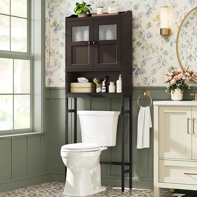 Over The Toilet Cabinet for Bathroom Storage, Over Toilet Storage Cabinet, Above Toilet Storage with 2 Doors and Adjustable Shelf Space Saver Cabinet Over Toilet Bathroom Organizer (Espresso)