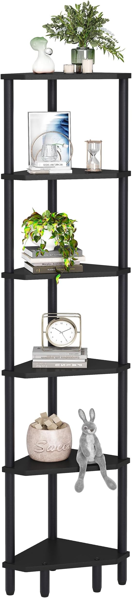 6 Tier Corner Shelf, 66.5'' Tall Standing Shelf, Narrow Display Shelf Stand, Modern Corner Bookshelf, Plant Stand, Corner Bookcase for Living Room, Bedroom, Bathroom, Black LCS502B