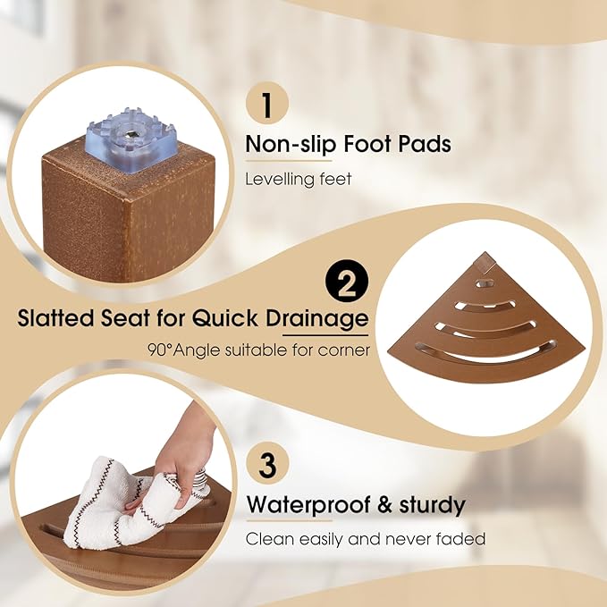HDPE Corner Shower Stool,Shower Bench Seat with Storage Shelf for Shaving Legs Plastic Spa Bath Step Foot Rest for Bathroom Small Place (Teak)