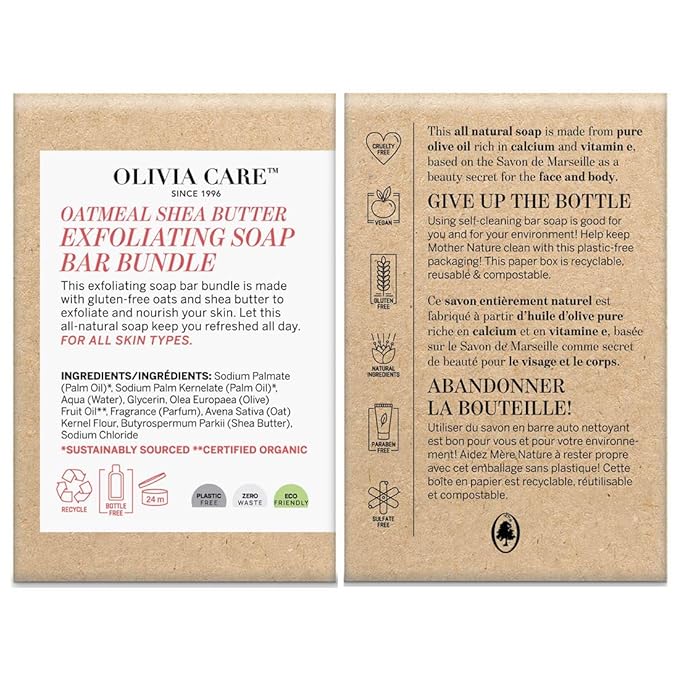 Olivia Care Exfoliating Bar Soap Pack by – 100% Natural & Organic - Infused with Shea Butter & Oats - Deep Clean, Refreshing, Moisturizing & Hydrating - Triple-Milled - X 5 OZ Oatmeal Shea Butter 3 Count (Pack of 3)