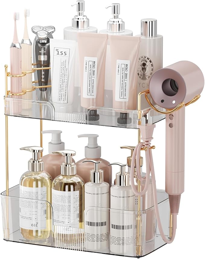 2-Tier Bathroom Counter Organizer with Hair Dryer Holder, Modern Style, Cosmetics & Skincare Shelf Organizer
