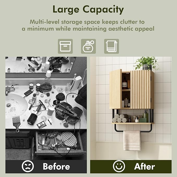 RUSTOWN Farmhouse Bathroom Wall Cabinet with 2 Door, 3-Tier Curved Profile Wooden Medicine Cabinet, Wall Mounted Storage Cabinet with Adjustable Shelf and Towel Bar (Natural, Small)