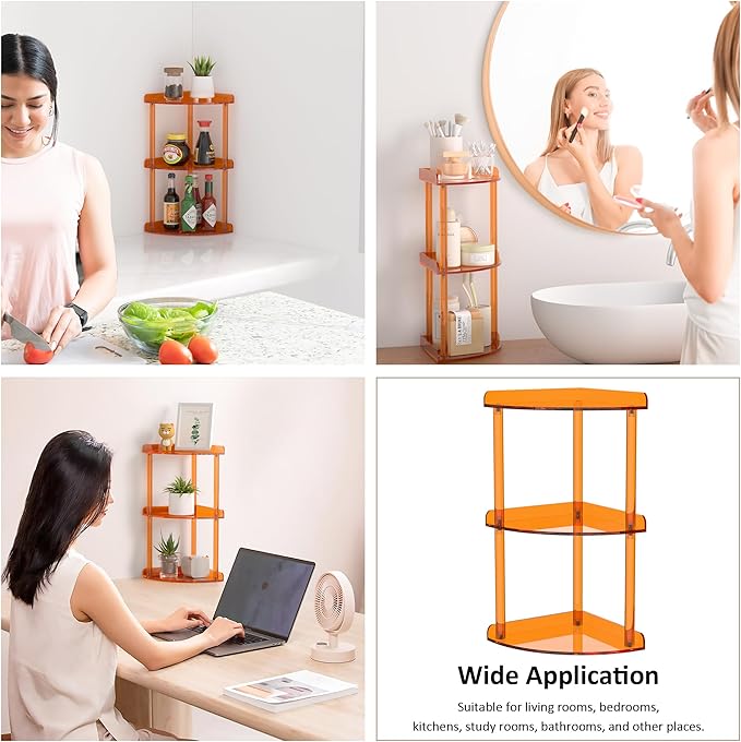 3 Tier Countertop Corner Organizer Shelf 7x7x15.7 Inch, Orange Countertop Acrylic Bathroom Corner Shelf, Vanity Storage Organizer for Cosmetics, Toiletries